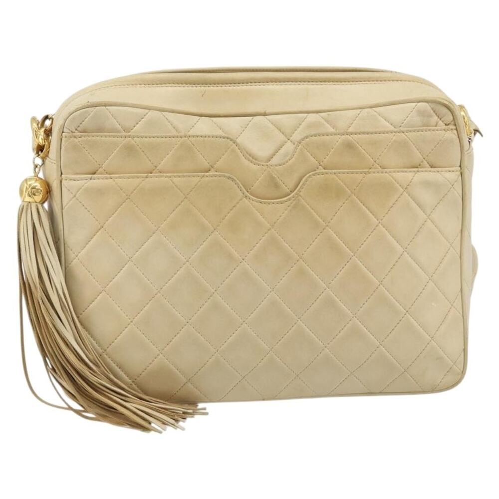 Chanel Leather Chain Matelasse Shoulder Bag Beige